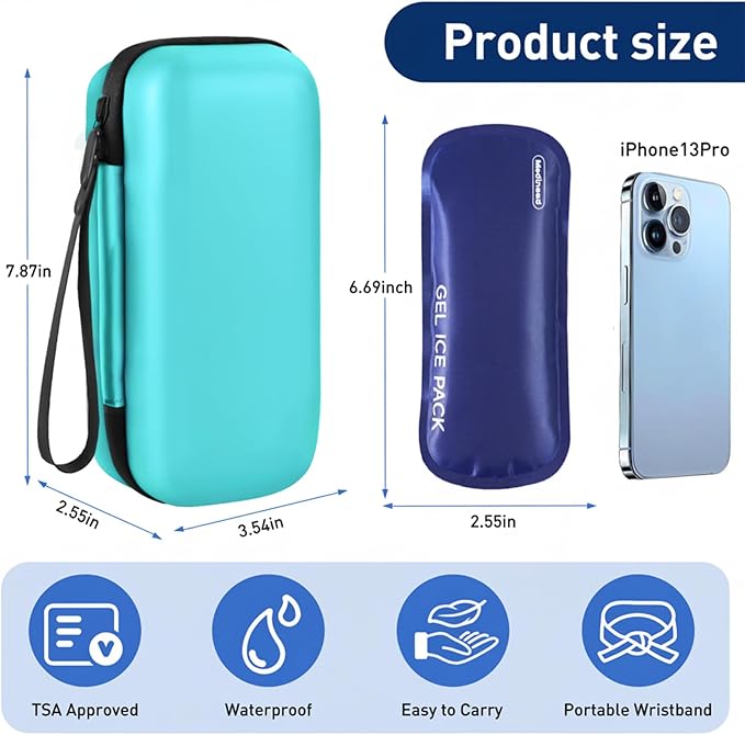 Insulin Cooler Travel Case, Portable EVA Medicine Travel Cooler, Diabetes Case with 2 Reusable Ice Packs TSA Approved for Diabetic Supplies Patent Pending(Seafoam-No Temp)