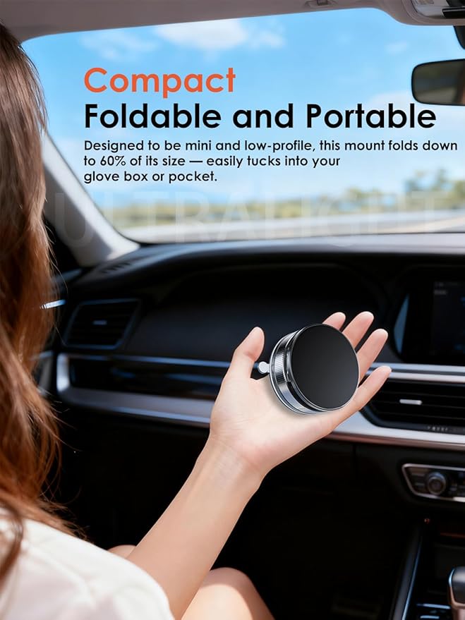Vacuum Magnetic Car Phone Holder with Strong Magnets, 360° Adjustable Dash Cell Phone Holders, Foldabl Magsafe Car Mount with Vacuum Suction Cup for Cars/Gym/Mirror/Smooth Surface iOS Android, Silvery
