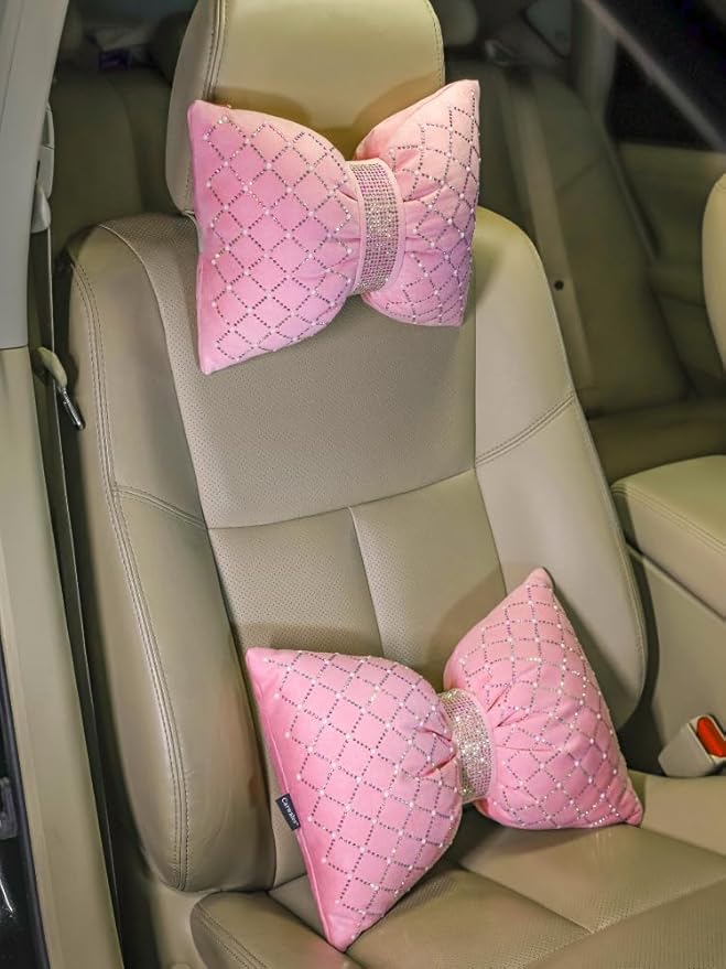 Pink Bow Lumbar Support Pillow for Car Accessory Women Girl Couch Cushion Decorative Back Pillow Bling Rhinestone Pearls 1 Pack