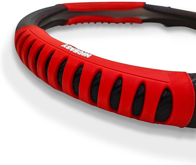 Sport Style Black Carbon-Fiber Steering Wheel Cover with Red Strip Grip Steering Wheel Accessory,Universal Fit 14.75-15 inch Steering Wheel