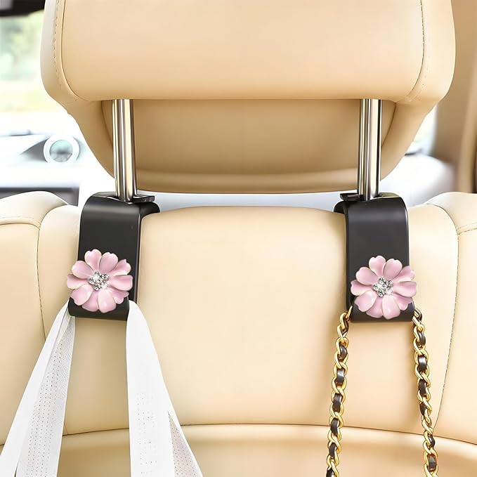 4PCS Bling Car Seat Headrest Hooks, Crystal Rhinestone Flower Vehicle Back Seat Hanger Holder Hook, Automotive Interior Hanging Storage Accessories for Purse Coats Bag, Universal Fit (Pink)
