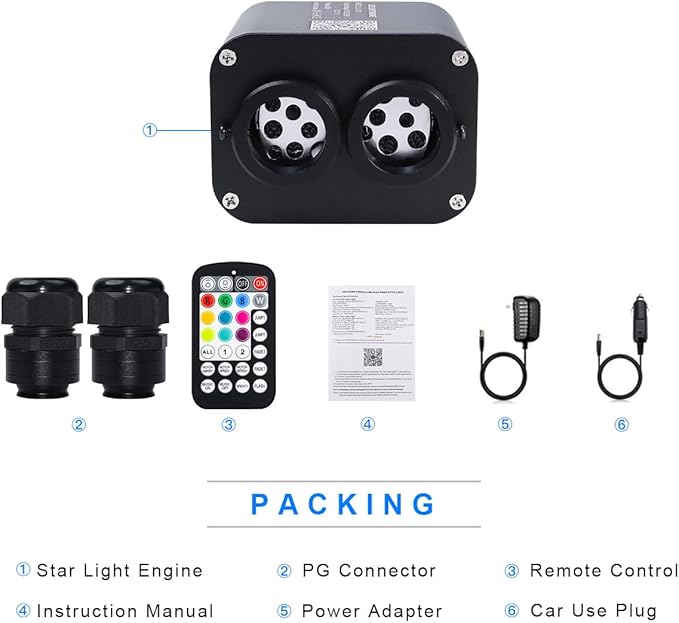 AMKI Dual Color 20W Twinkle Sound Mode RGBW Dual Port Light Source Engine Driver Remote/APP Control Starlight Box Motor for Fiber Optic Star Ceiling Light Kit
