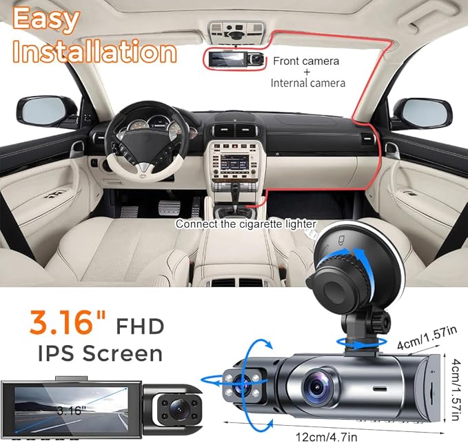 1080P Dash Cam Front Inside, Full HD Dual Dash Cam for Cars, WiFi Dash Camera, 3.16" Screen,Night Vision,G-Sensor, Loop Recording, APP Control, 170°Wide Angle, Include 64GB Card