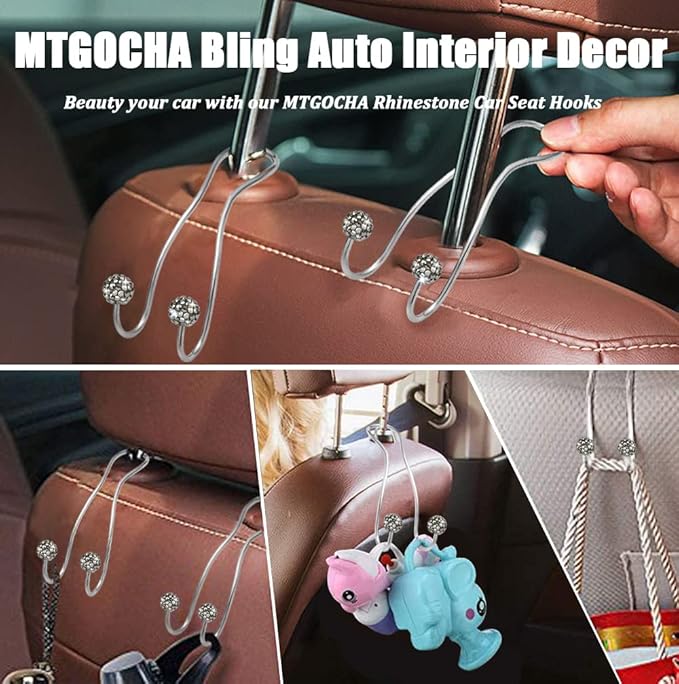 MTGOCHA Bling Purse Hook for Car Headrest, Upgraded Cute Car Seat Hooks for Bag Handbag, Durable Stainless Auto Purse Hanger Holder 2 Pack, Grey