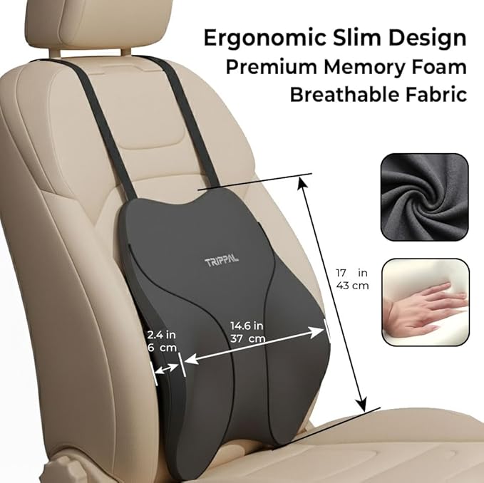 Adjustable Lumbar Support for Car: 4-Way Lower Back Pillow with 3" D & 4" H Adjust for Long Distance Driving - Low Profile No Push-Forward for Car & Truck Drivers