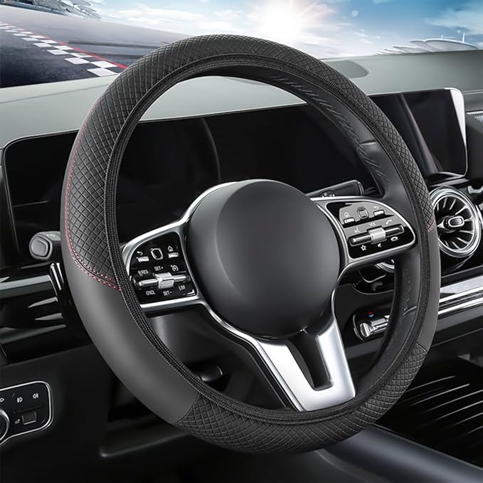 Car Steering Wheel Cover, Elastic Stretch Leather Non-Slip Vehicle Steering Wheel Guard, Automotive Interior Protective Decor Accessories, Universal for SUV RV Truck (Black)