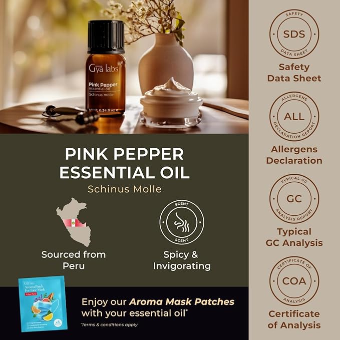 100% Pure Pink Pepper Essential Oil - 0.34 Fl Oz - Pink Pepper Oil for Hair, Skin, Diffuser, Aromatherapy & DIY Candle Making Scent