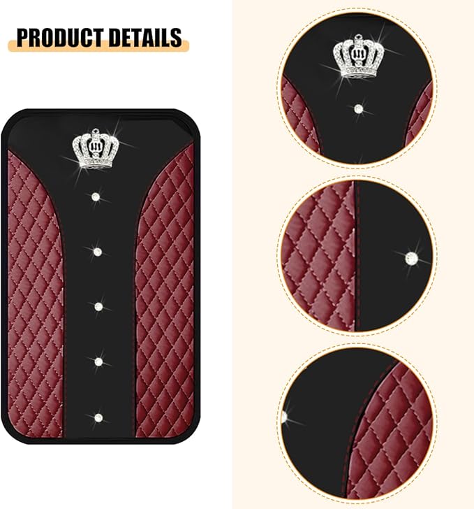 Bling Car Center Console Cover, Crown Crystal Rhinestones Vehicle Armrest Mat Protector, Anti Slip Sparkling Automotive Arm Rest Seat Box Cushion Pad Decor Accessories, Universal Fit (Wine Red)