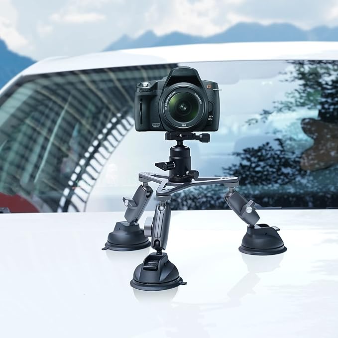 Triple Suction Cup Camera Car Mount Holder, Heavy Duty Tripod Window Windshield Dash Dashboard Inside Outside Sucking Attach Accessories for GoPro Insta360 DJI Action Osmo Pocket DSLR Accessory