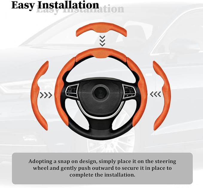 3PCS Car Steering Wheel Cover, Nappa Leather Breathable Non-Slip Segmented Steering Wheel Protector, Snap-on Auto Interior Decoration Accessories, Universal Fit (Orange)