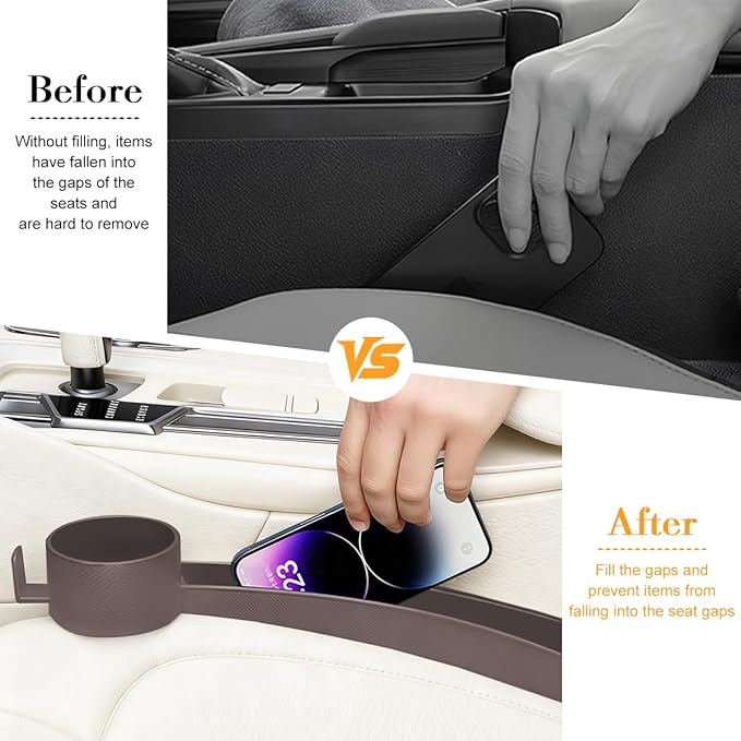 2PCS Car Seat Gap Filler, Dual Slot Carbon Fiber Vehicle Side Seat Gap Organizer Strip with Cup Holder, Auto Console Guard Spacer Stop Things from Dropping, Universal Fit (Brown)
