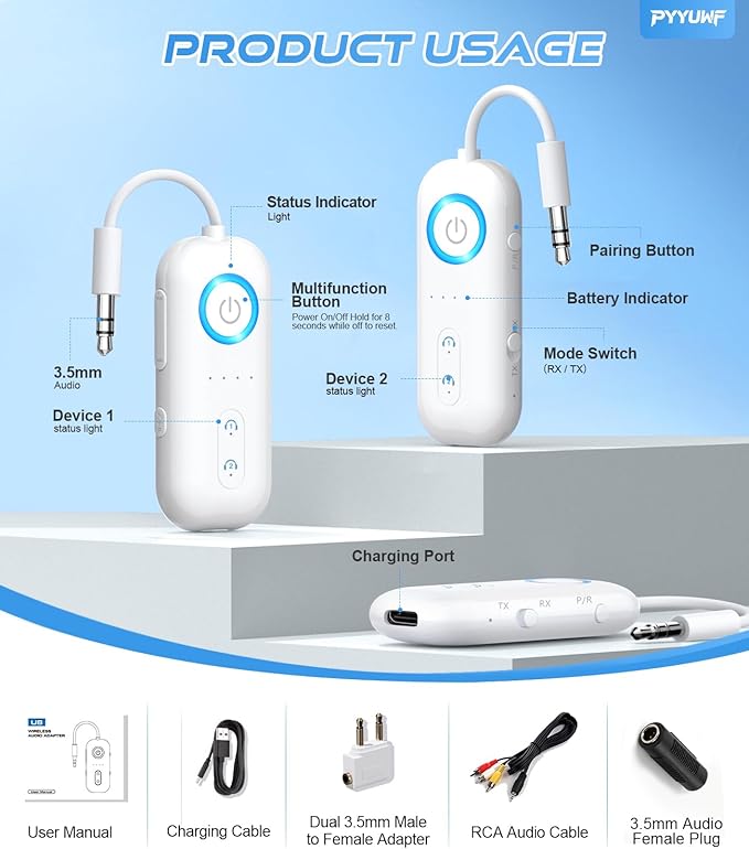 Bluetooth 5.4 Transmitter Receiver, Audio Adapter for Airplane Gadgets - for 2 AirPods/Headphones, 20H Battery, aptX Low Latency, 3.5mm AUX Jack Wireless Adapter for Car/TV/Home, for Travel Essentials