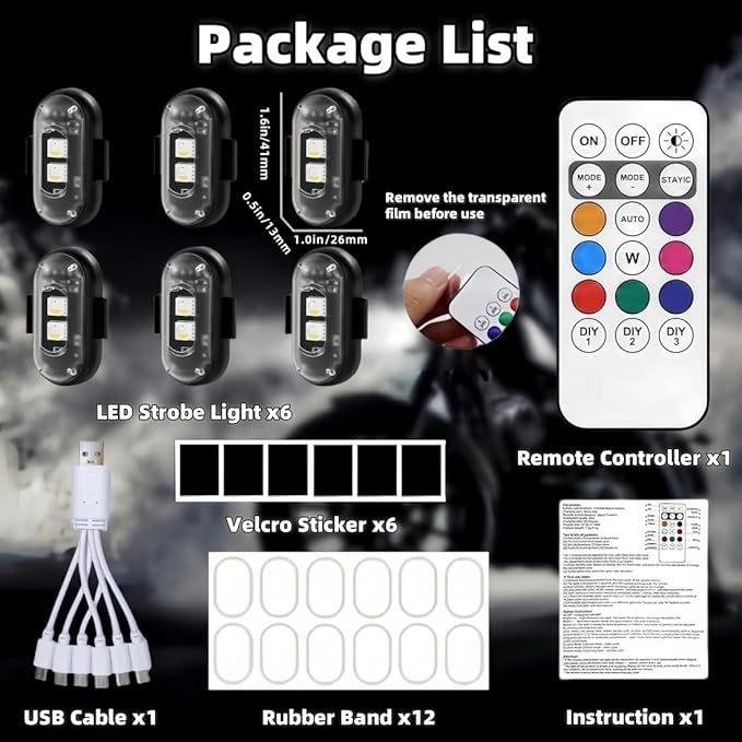 6PCS Wireless LED Strobe Lights with Remote Control, Wireless LED Warning Lights 8 Colors USB Charge IP65 Waterproof Anti-Collision, for Car Interior Motorcycle Bike Drone Car Truck RC Aircraft