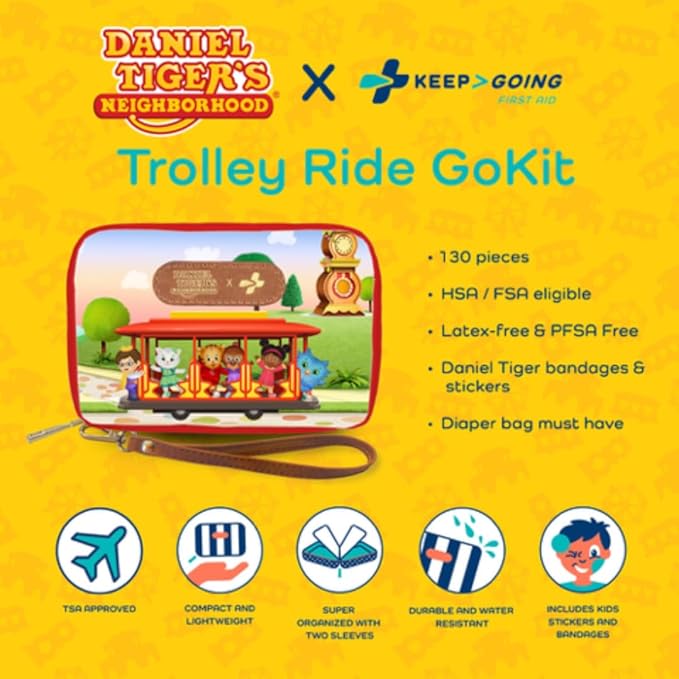 KeepGoing Daniel Tiger’s Travel First Aid Kit for Kids – 130 Pc. for Car, Home, Purse, Diaper Bag & Backpack with Latex-Free Bandages - Mini First Aid Kit Travel Size TSA-Approved