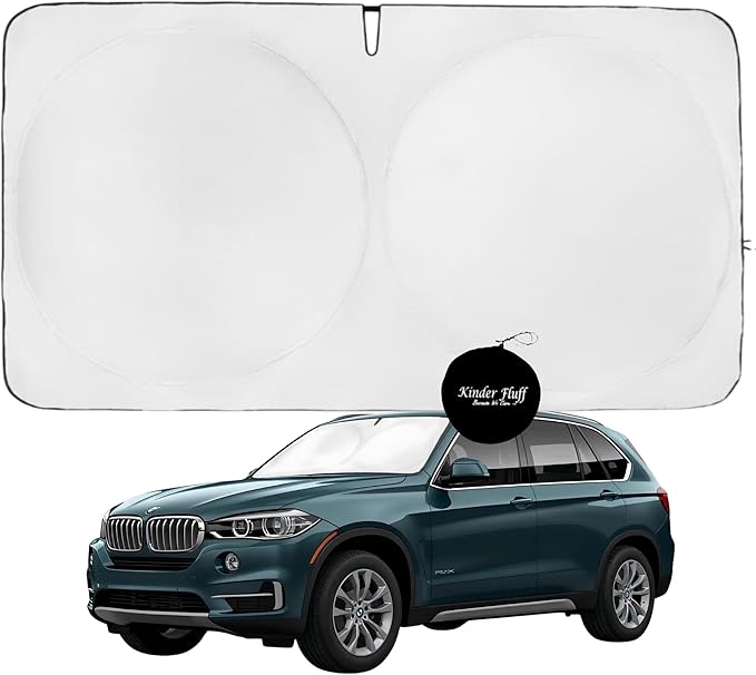 Windshield Sun Shade -Certified 99.87% UVB & 99.02% UVA Car Sun Shade. Award Winning Sunshade - Patented Technology | Compatible for BMW X5 (2014-2018) | Car Shades by Kinder Fluff