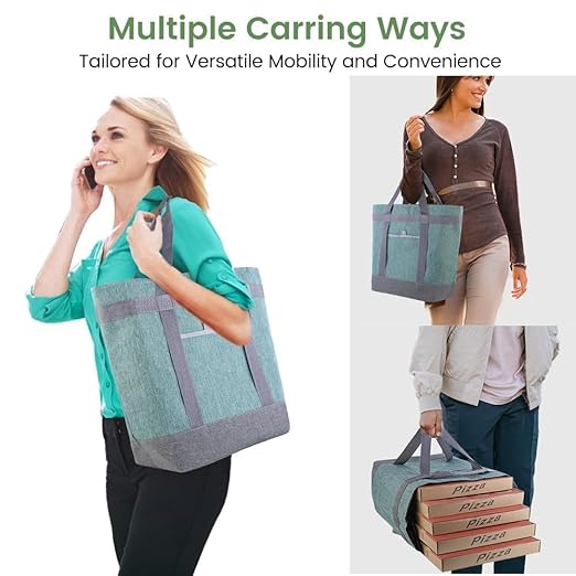 CIVJET Insulated Reusable Tote Bag for Grocery Shopping for Women/Men, Waterproof Cooler Bags for Travel/Beach/Picnic, Pizza/Food Delivery Bag to Keep Food Cold/Hot (Cationic Cloth, Green,2-Pack)