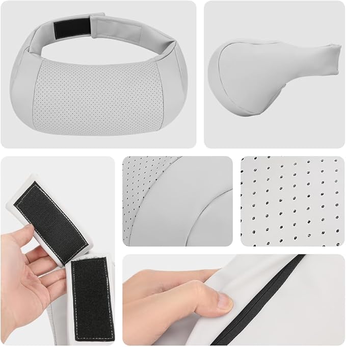 Car Neck Pillow, headrest, Cushion. Three-Point fit to The Neck Curve, Stable Support for The Cervical Spine, relieves Neck Soreness. Perforated PU Leather with high Breathability, Durable 1P(Grey)