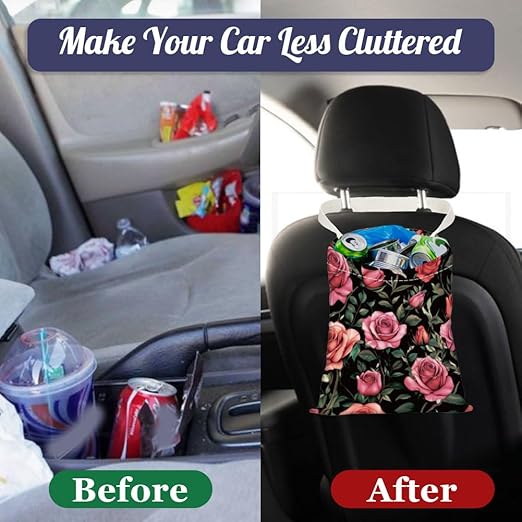 Rose Floral Print Car Trash Bag Hanging Garbage Bag with Snap Buttons Car-Back Seat Trash Storage Portable Dustbin for Car Interior Accessories Travel Camping