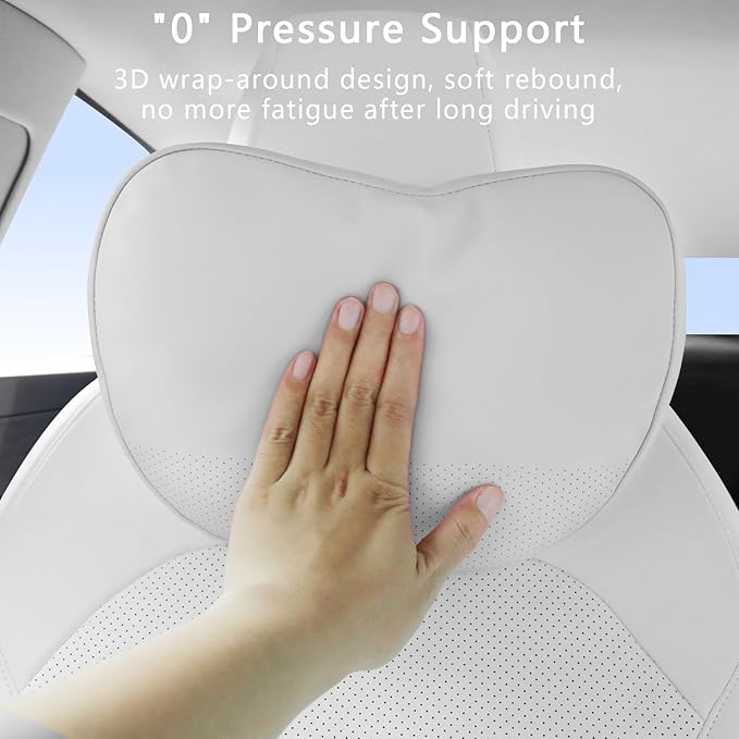 Headrest Pillow Comfortable Neck Pillow Support Cushion for Tesla Model 3 Highland Model Y Model S Model X Cybertruck Adjustable Strap Soft Leather Pillow for Driving, 1 Pack, White