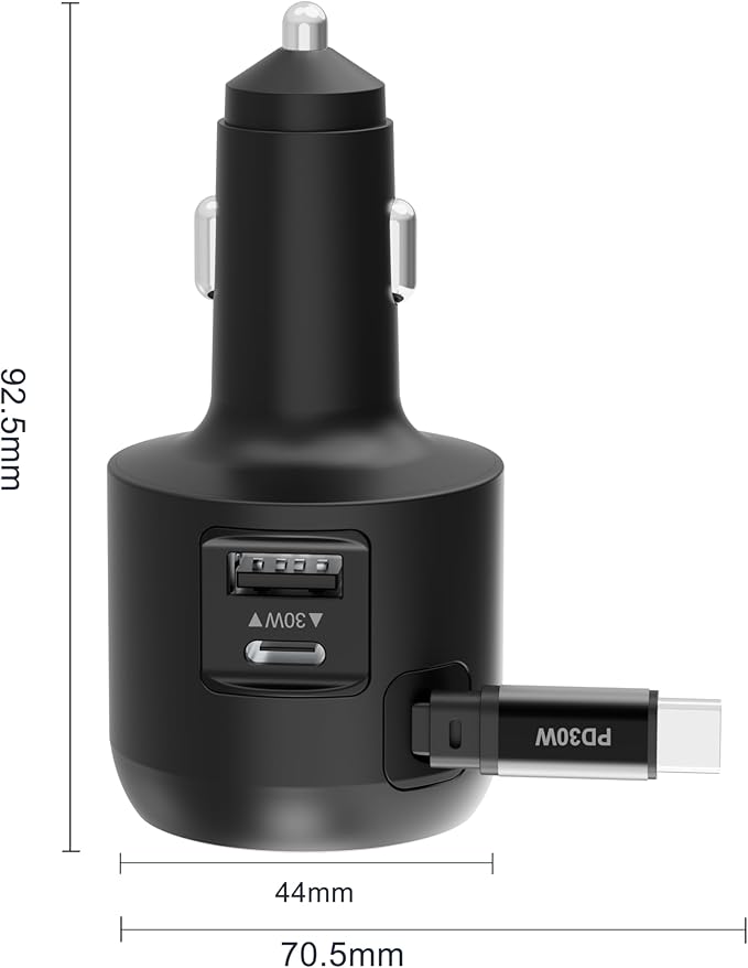 60W Retractable Car Charger, 3-in-1 USB-C Fast Charging Cigarette Lighter Adapter with Built-in Retractable Cable, Compatible with iPhone 16/15 Pro Max, Galaxy S25, iPad(Black)