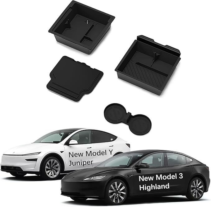 Center Console Organizer Tray for Model Y Juniper 2025 2026 & Model 3 Highland (2024-2026), Double-Layer Sliding Hidden Armrest Storage Box, Tesla Accessories (Matte Black)