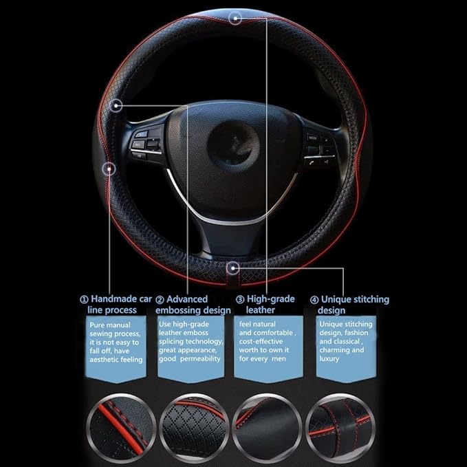 ESEWALAS Universal Car Steering Wheel Cover,Anti-Slip Leather Steering Wheel Cover,Sports Style Steering Wheel Protector,Car Interior Accessories Auto Steering Wheel Covers (Black with Red)