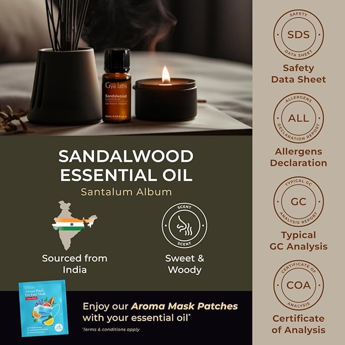 100% Pure Sandalwood Essential Oil - 0.34 Fl Oz - Sandalwood Oil for Hair, Skin, Diffuser, Aromatherapy & DIY Candle Making Scent