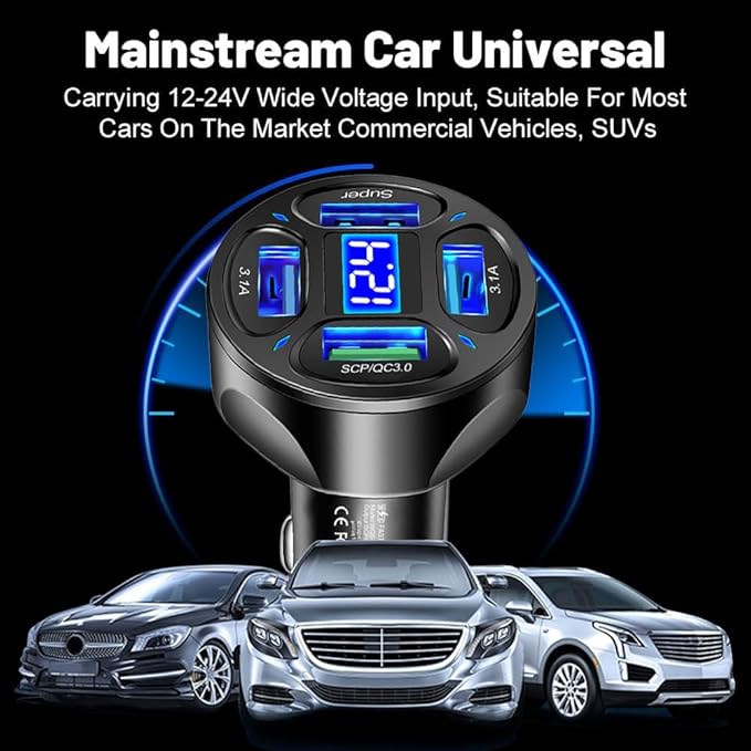 Car Charger,4 Ports Fast Car Charger with Plug Outlet/LED Voltmeter/QC3.0/Super Port,Universal Car Accessories Cigarette Lighter USB Charger Compatible with Android,Samsung Galaxy(QC3.0/Super)