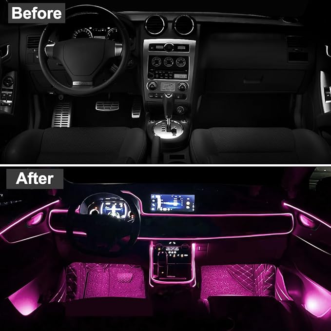 EL Wire Interior Car LED Strip Lights, 16.5FT USB Neon Glowing Strobing Electroluminescent Wire Strip with 6mm Sewing Edge, Ambient Lighting Kits for Car Home Decorations (Pink)