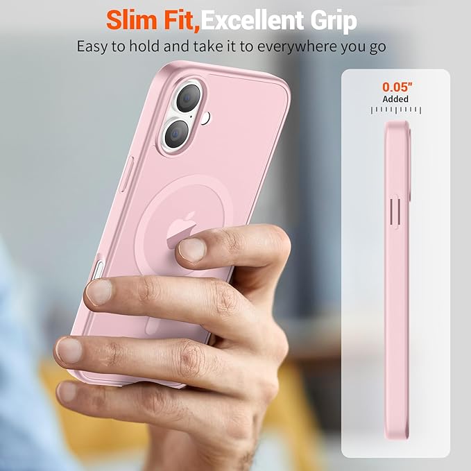 SUPFINE Magnetic for iPhone 16 Case with Screen Protector (Compatible with MagSafe) (Military Grade Drop Protection) Translucent Matte Shockproof Phone Cover,Light Pink
