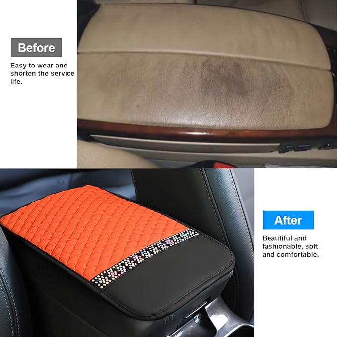 Bling Leather Car Center Console Cover, Car Center Console Protector With Glossy Crystal Rhinestone, Universal Waterproof Car Armrest Seat Box Cover For Most Car, Vehicles, SUVs, Trucks (Orange)