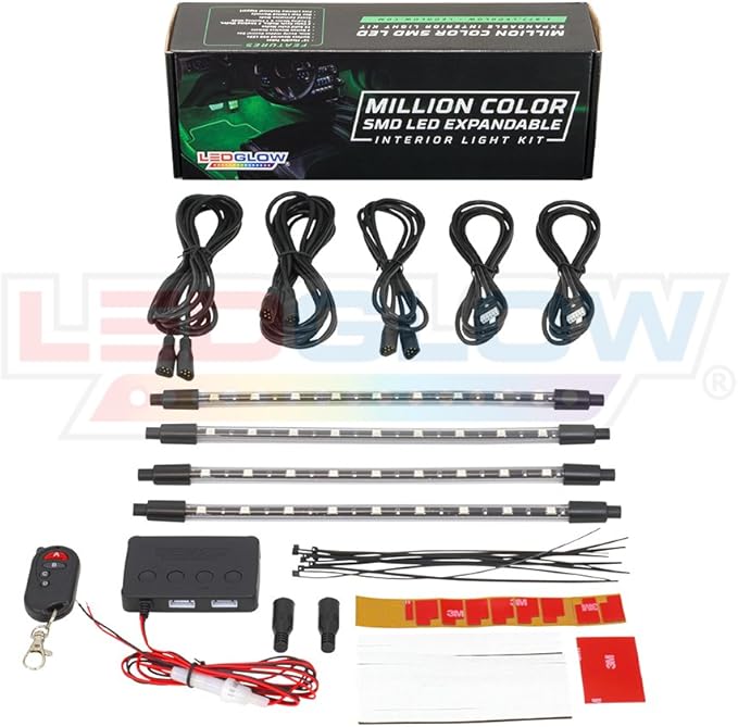 LEDGlow 4pc Million Color Multi-Color LED Interior Footwell Underdash Lighting Kit for Cars & Trucks - 18 Solid Colors - 10 Unique Patterns - Music Mode - Includes Control Box & Remote - Universal