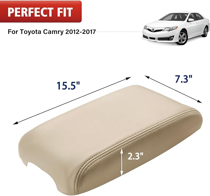 KBH Center Console Armrest Cover Upholstery for Toyota Camry 2012 2013 2014 2015 2016 2017, Vinyl Leather Middle Console Replacement Covering, Ivory Tan (Leather Part Only)