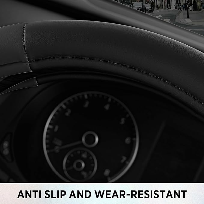 Road Comfort Leather Steering Wheel Cover – Premium Anti-Slip Car Steering Wheel Grip Cover – Universal Fit for 14.5”–15.5” Cars, Trucks & SUVs - Black