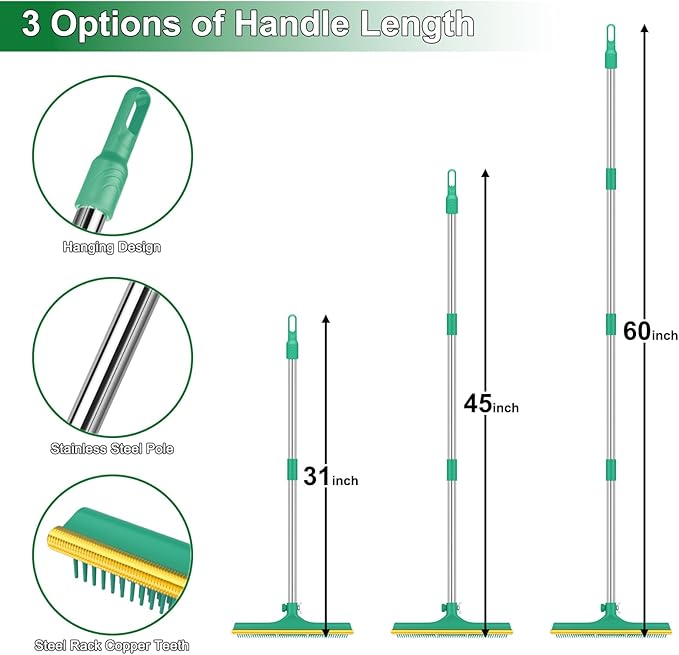 3 in 1 Carpet Rake for Pet Hair Removal, Reusable Pet Hair Remover Broom, 60'' Adjustable Long Handle Dog and Cat Hair Remover Tool Set of 3, Lint Remover Scraper for Carpets (Dark Green, 60inch)