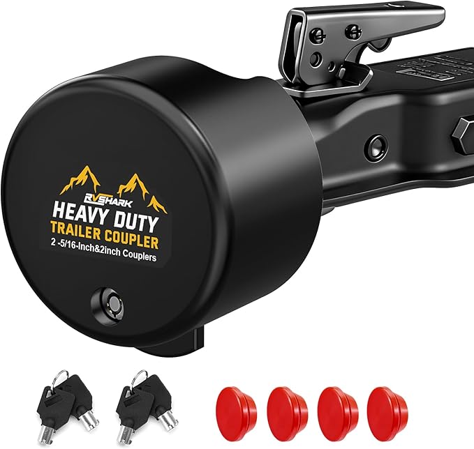 Trailer Hitch Lock, Heavy Duty Trailer Coupler Lock Fits 2-5/16"&2" Couplers, Anti-Theft Structural Steel Tongue Lock Essentials Accessories for RV, Trailer, Boat, Cargo, Camper, Utility–Black