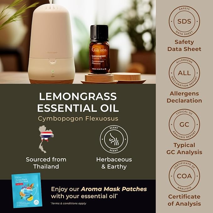 100% Pure Lemongrass Essential Oil - 0.34 Fl Oz - Lemongrass Oil for Hair, Skin, Diffuser, Aromatherapy & DIY Candle Making Scent