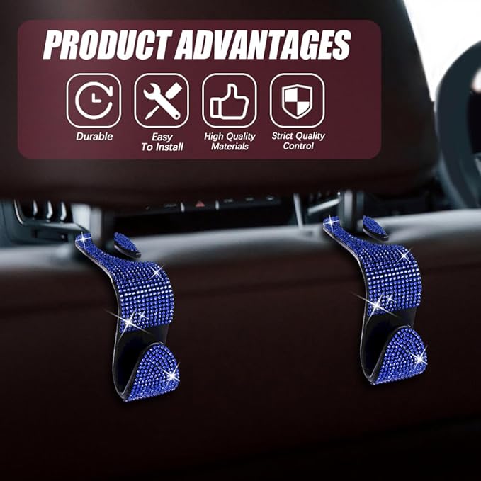 2 Pack Car Seat Headrest Hook, Bling Car Hooks Front Seat, Back Seat Organizer Hanger Storage Hook Car Purse Hook for Bags, Clothes, Coats, Grocery Bags (Blue)