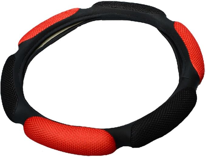 Steering Wheel Cover -Odorless, Cooler Hands in Summer, Warmer Hands in Winter (Black red)