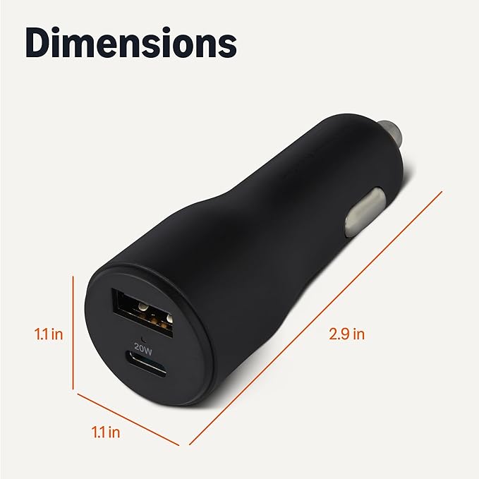 Amazon Basics Fast-Charging Car Charger, Dual-Port, 1 USB-C + 1 USB-A, 32W, Multi-Device Compatibility, Safety Features, Black