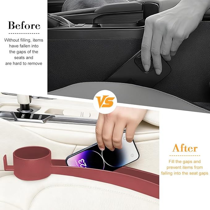 2PCS Car Seat Gap Filler, Dual Slot Carbon Fiber Vehicle Side Seat Gap Organizer Strip with Cup Holder, Auto Console Guard Spacer Stop Things from Dropping, Universal Fit (Red)