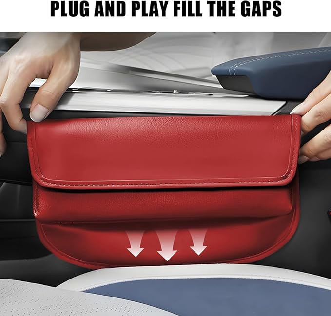 Car Seat Gap Filler Organizer, Leather Vehicle Side Seat Gap Storage Box with Lid for Phone Key Card, L-Capacity Auto Interior Organization, Universal for SUV Sedan Truck (Wine Red)