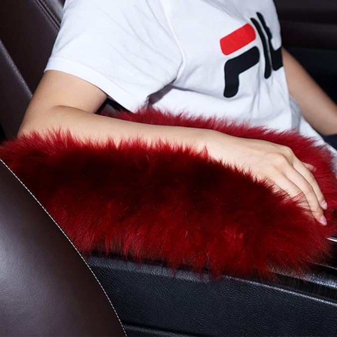 Armrest Cover for Car, Auto Center Console Pad Furry Sheepskin Wool Car Armrest Seat Box Cover Protector Universal Fit (Wine Red)