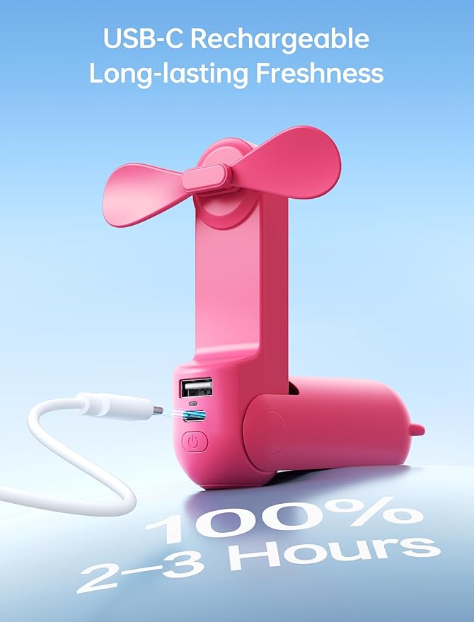 JISULIFE 3 IN 1 Handheld Mini Fan - Portable Fan & Power Bank & Flashlight, 19H Max Cooling, USB Rechargeable, Pocket-Sized for Travel, Cruise, Concerts, Makeup, 2026 Summer Gifts for Women(Fuchsia)