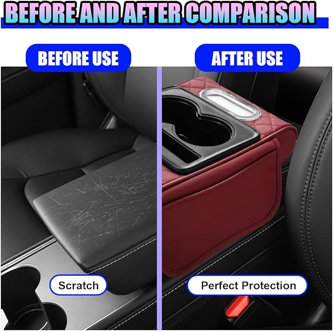 Leather Car Center Console Cover, Universal Automotive Armrest Booster Cushion, Vehicle Middle Console Organizer with 2 Cup Holders, Side Storage Bag, Tissue Box & Phone Slot(Burgundy)