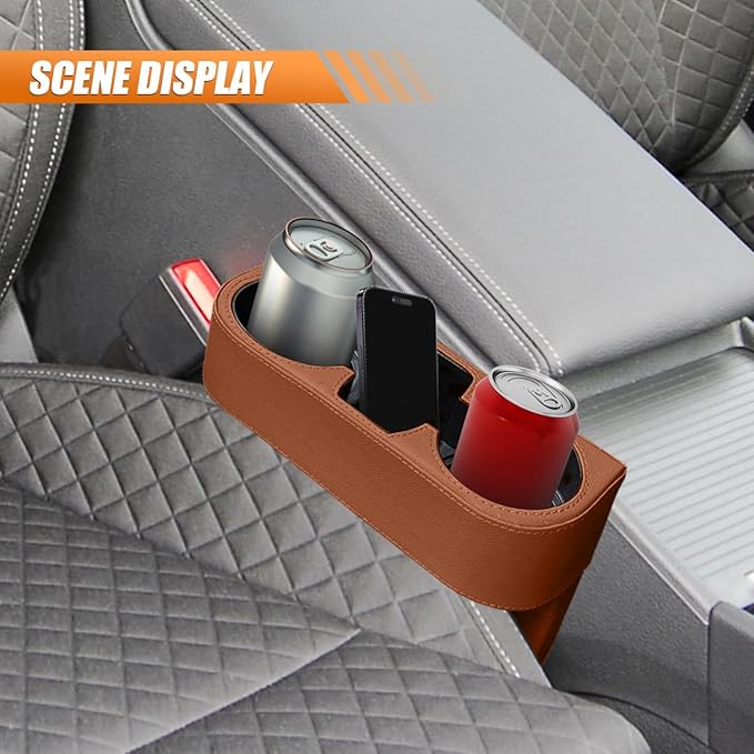 Car Cup Holder, PU Leather Car Seat Gap Filler Organizer Cup Drink Holder, Multifunctional Coin Bucket Cell Mobile Phone Holders, Auto Front Console Storage Box for Most Cars (Brown)