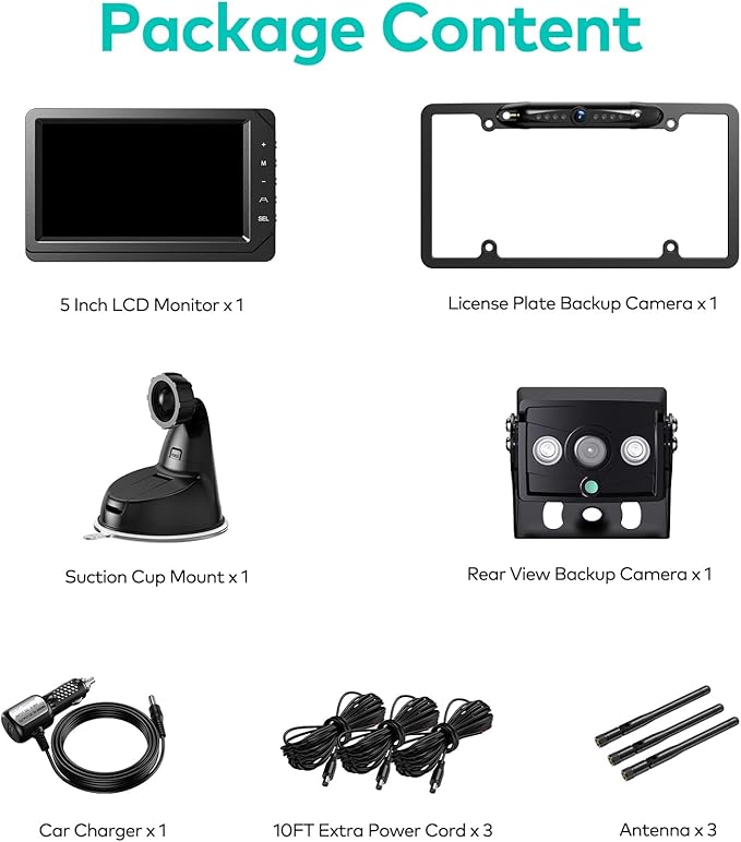 Backup Camera for RV, Split Screen 5 Inch HD Monitor W/Wireless License Plate Backup Camera & Wireless Rear View Camera, IR Night Vision Waterproof For Trailer, 5th Wheel