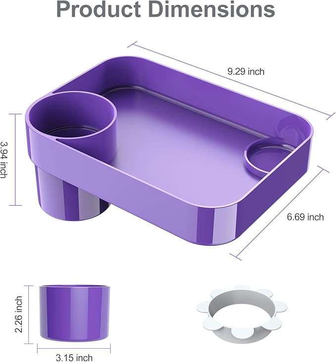Car Seat Snack Tray for Toddlers - 3 Inch Cup Holder Fits Most Sippy Cups & Straw Bottles with Dip Well, Mess-Free Square Kids Travel Tray Road Trip Essentials, Purple