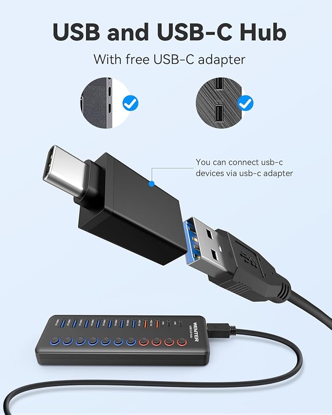 Powered USB 3.0 Hub, Wenter 48W 11-Port USB Hub Splitter (7 Faster Data Transfer Ports+ 4Pcs QC Charging Ports) with Individual LED On/Off Switches, USB Hub 3.0 Powered with Power Adapter