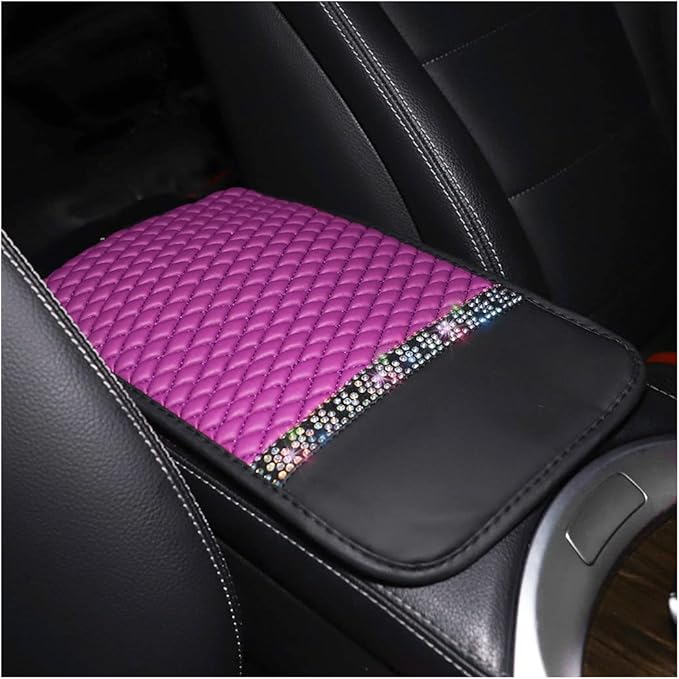 Bling Leather Car Center Console Cover, Car Center Console Protector With Glossy Crystal Rhinestone, Universal Waterproof Car Armrest Seat Box Cover For Most Car, Vehicles, SUVs, Trucks (Purple)